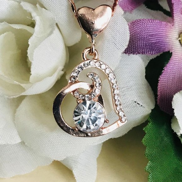 2CT 5A Austrian Crystal 18k Rose Gold Heart Necklace - Picture 3 of 7